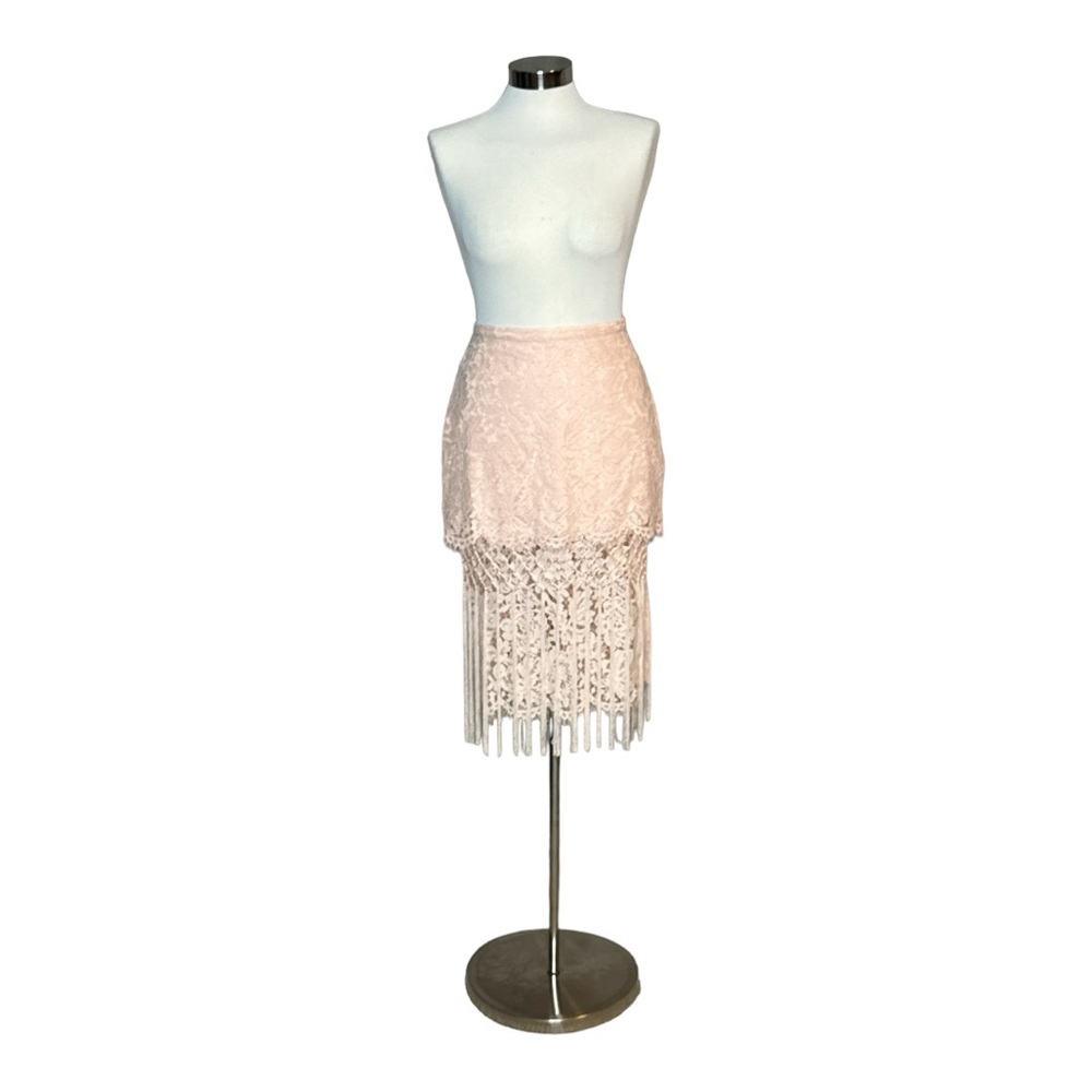 TOPSHOP LACE BLUSH PINK TIERED FRINGED MIDI PENCIL SKIRT - Picture 2 of 13